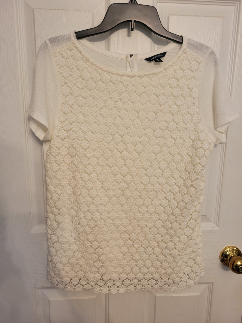 Lands' End White Short-Sleeve Crochet Front Tee